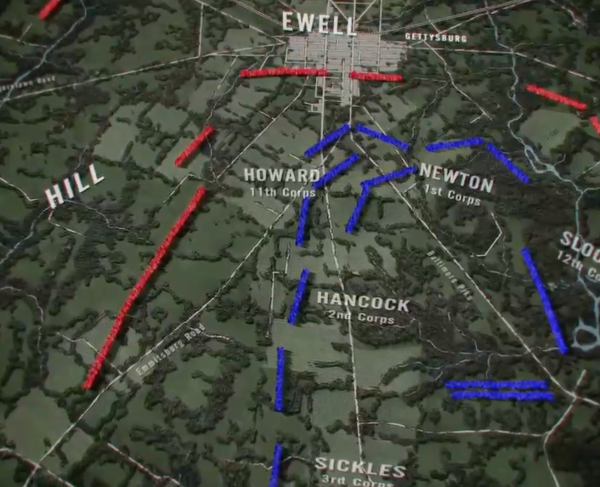 This map depicts the battle tactics utilized at Gettysburg. 